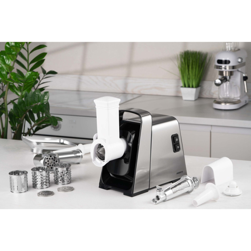 ARDESTO meat grinder, 2400W, 2.2kg/min, 3 cutting plates, sausages nozzle, 4 veg.slicer, tomato juicer, plastik, black-silver (MGK-2400)