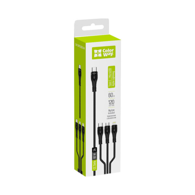 Дата кабель USB-C to Lightning + Micro 5P + USB-C 1.2m 3.0A (PD60W data) Black ColorWay (CW-CBPDU3060-BK)