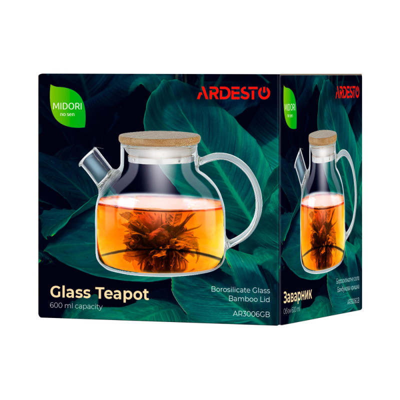 ARDESTO Teapot Midori, 600ml, borosilicate glass, bamboo, transparent (AR3006GB)
