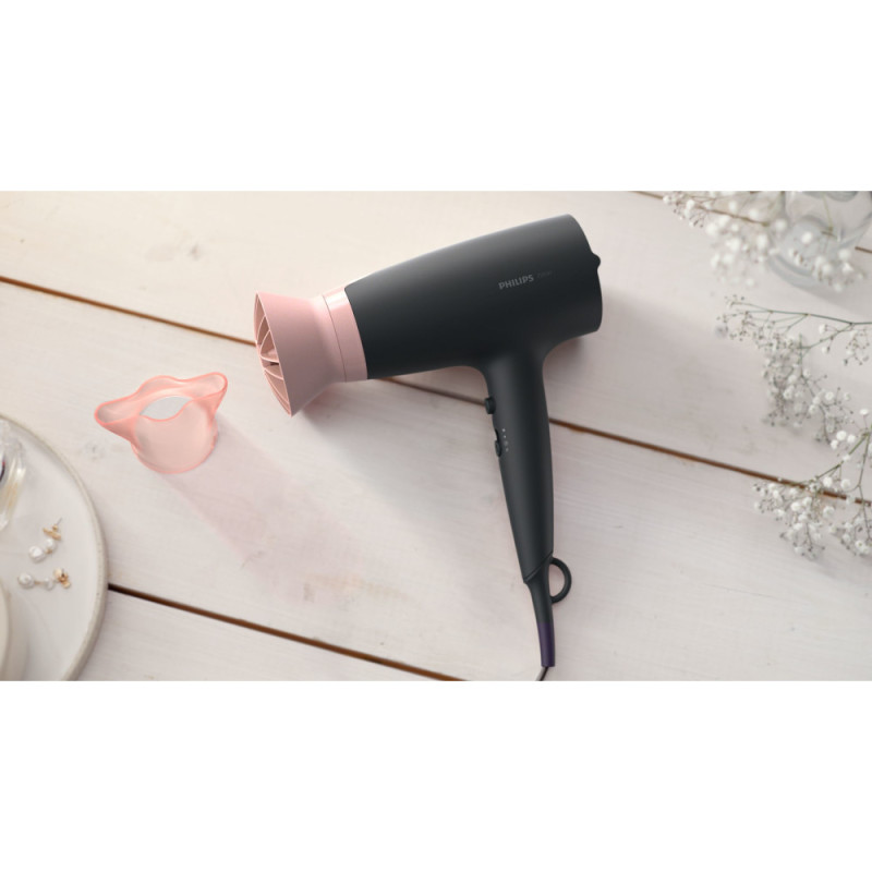 Philips Hair dryer 3000 Series, 3W, 3 modes, ionization, cold blowing, black- pink (BHD350/10)