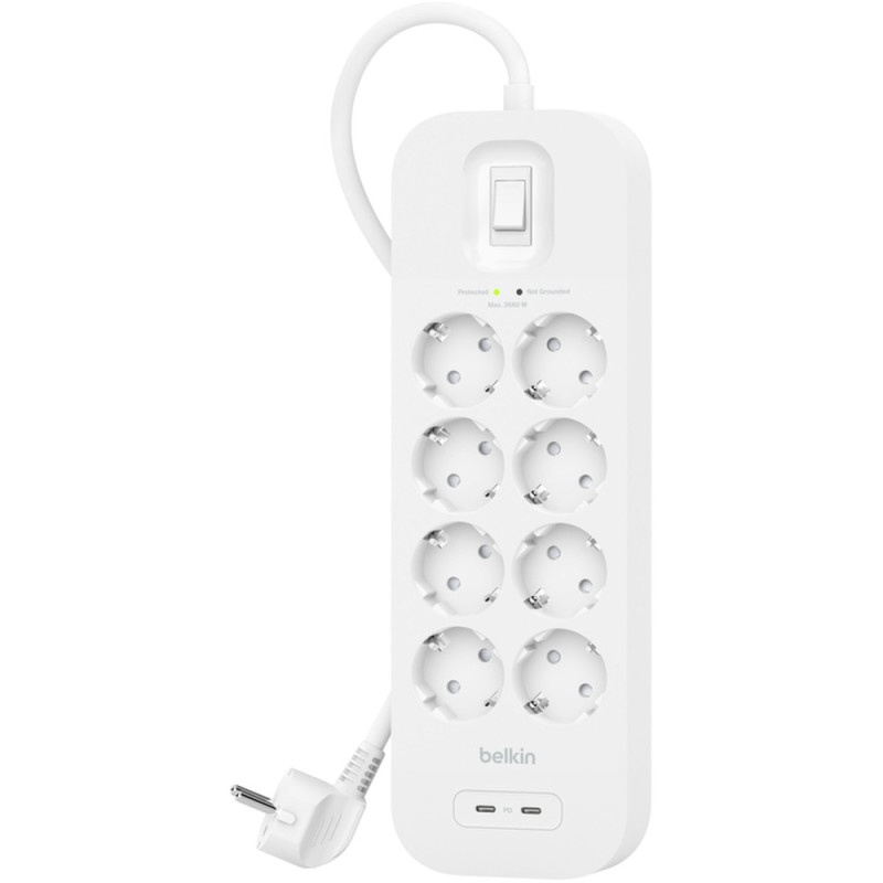 Belkin Подовжувач мережевий Belkin 2м, 8хТип, 16А, USB-С/USB-C 30Вт, фільтр, білий (SRB004VF2M-V2)