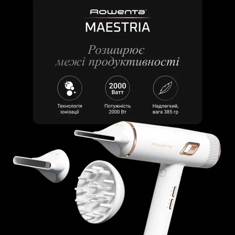 Rowenta hair dryer Ultimate Experience Maestria, 2000W, 3 modes, diffuser, ionization, cold blowing, white (CV9910F3)