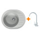 Adamant Kitchen sink Ovum, artificial stone, oval, with drainboard, 615х495х200mm, bowl - 1, over-mounted, Old stone + mixer (1824296910410)