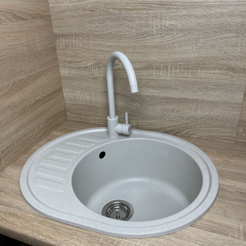 Adamant Kitchen sink Ovum, artificial stone, oval, with drainboard, 615х495х200mm, bowl - 1, over-mounted, Old stone + mixer (1824296910410)