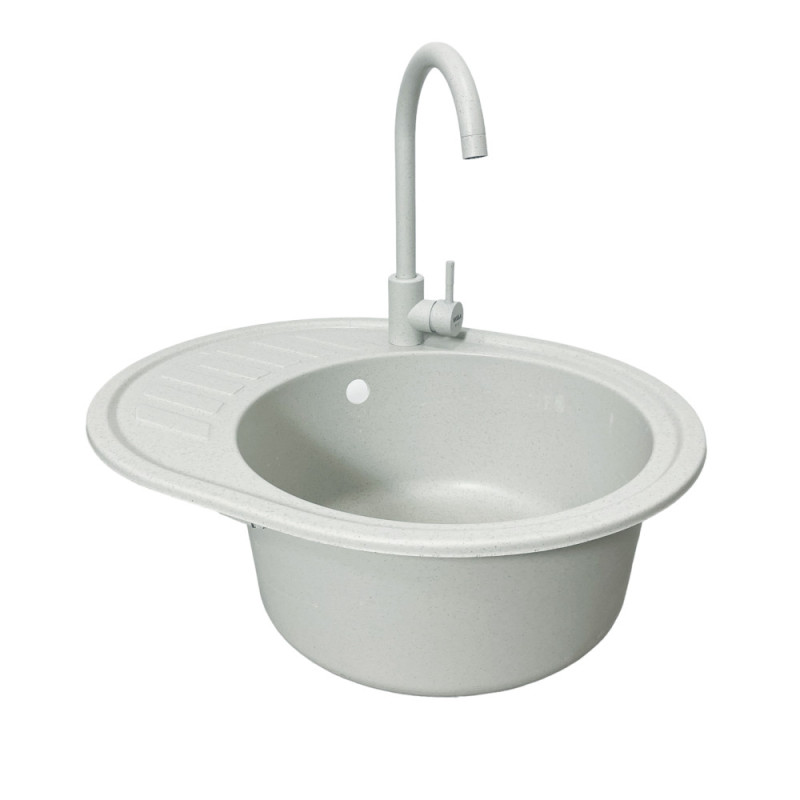 Adamant Kitchen sink Ovum, artificial stone, oval, with drainboard, 615х495х200mm, bowl - 1, over-mounted, Old stone + mixer (1824296910410)