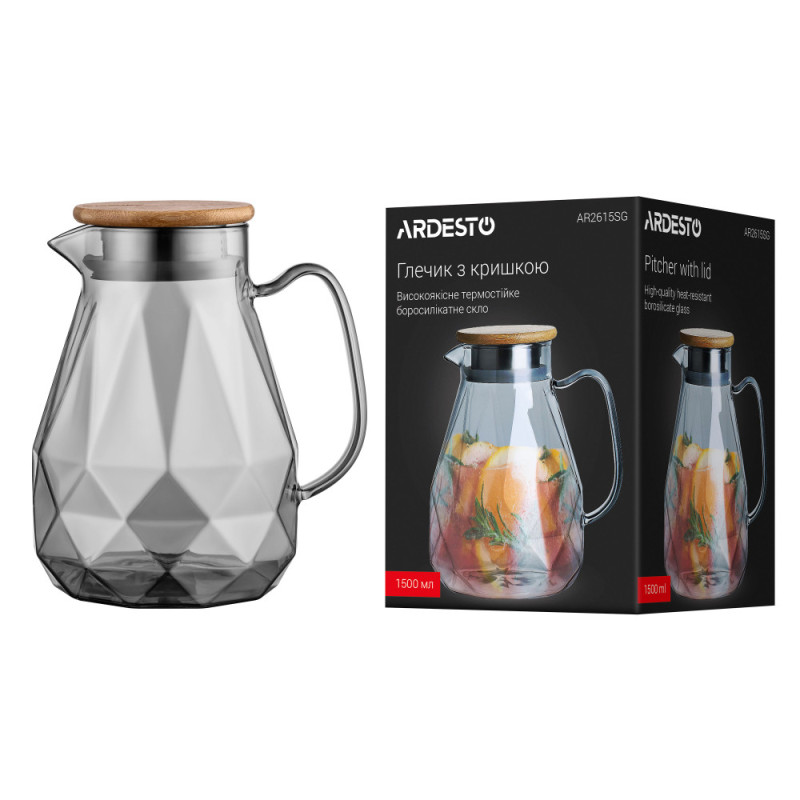 ARDESTO Pitcher with lid Graphite, 1500ml, borosilicate glass, bamboo, stainless steel, gray (AR2615SG)