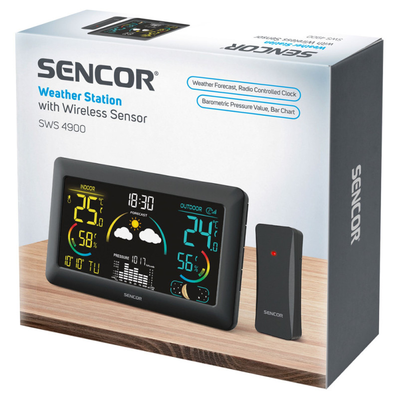 Sencor Метеостанция, внутр/наруж измерение, от сети/AAх3+AAx2, темп-ра, влажность, время, прогноз погоды, чёрный (SWS4900)