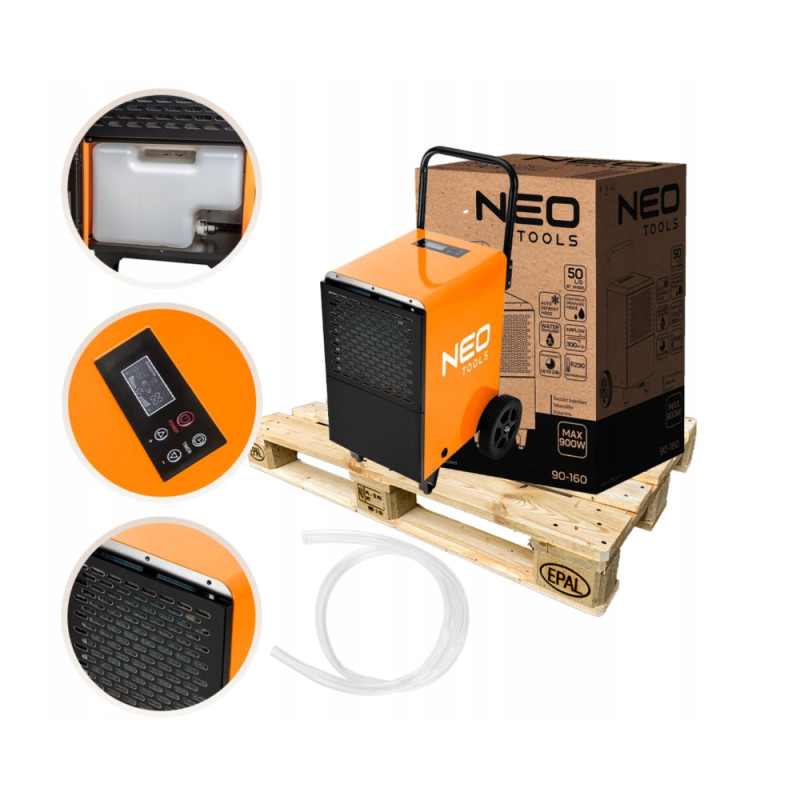 Neo Tools Industrial dehumidifier, 750W, 50l/day, 180 sq m, 300 m3/h, LCD display, continuous drain, programmable operating time, IP22 (90-160)