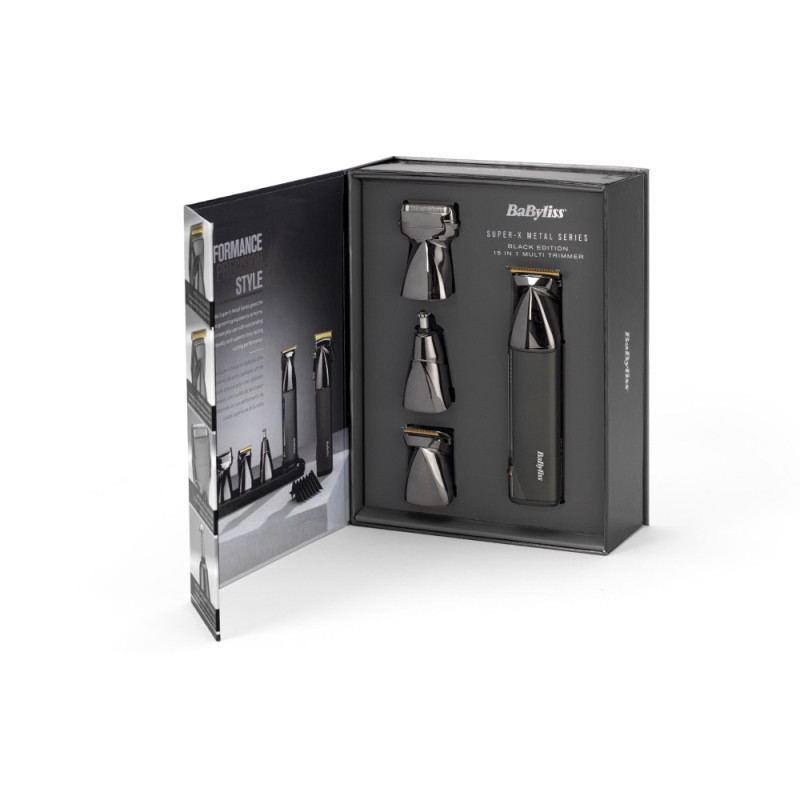 BaByliss Набор для стрижки Super-X Metal Black Edition для головы, усов, бороды,носа и тела, акум., насадок-15, сумка для хранения, подставка, сталь, черный (MT991E)