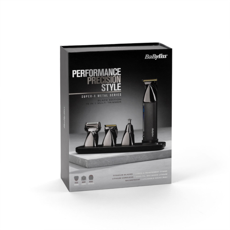 BaByliss Набор для стрижки Super-X Metal Black Edition для головы, усов, бороды,носа и тела, акум., насадок-15, сумка для хранения, подставка, сталь, черный (MT991E)