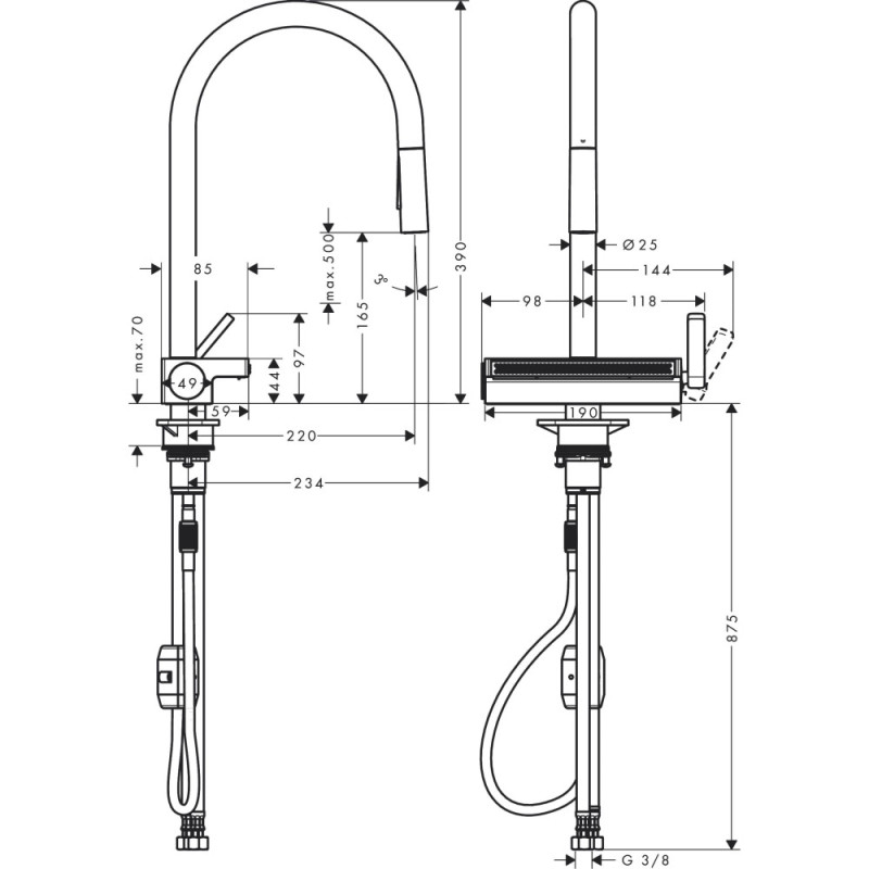 Hansgrohe Смеситель для кухни Aquno Select M81, дл.излива - 220мм, поворотный, вытяжной, 1 рычаг, сталь (73837800)