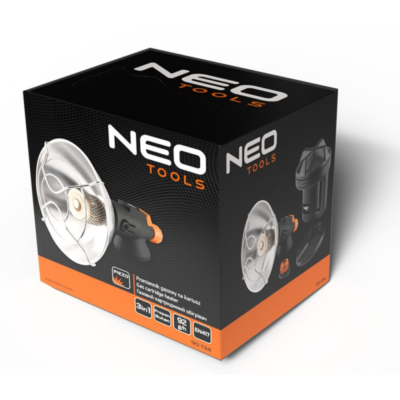 Neo Tools gas camping heater, 92g/hour, cartridge, regulator, piezo ignition, black (90-134)