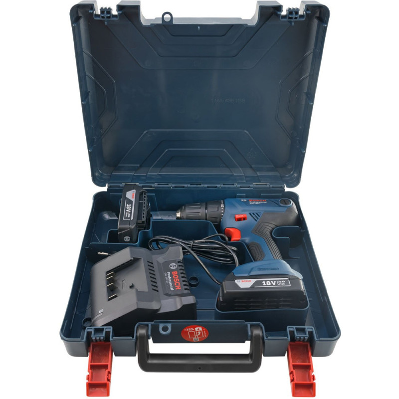 Bosch Шуруповерт-дрель аккумуляторный GSR 180 LI, 18В 2х2.0Ач, 21/54Нм, 20+1, 450/1700об/мин, набоор бит 11 шт+набор сверл 12 шт, 1.6кг (0.601.9F8.10A)