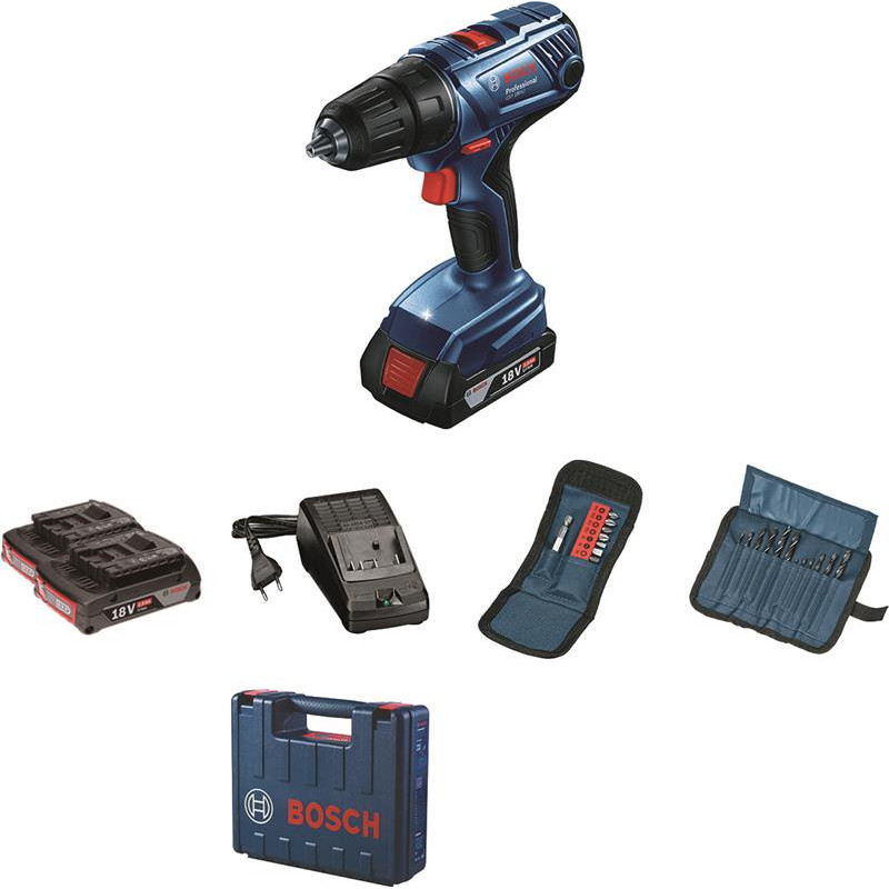 Bosch Шуруповерт-дрель аккумуляторный GSR 180 LI, 18В 2х2.0Ач, 21/54Нм, 20+1, 450/1700об/мин, набоор бит 11 шт+набор сверл 12 шт, 1.6кг (0.601.9F8.10A)