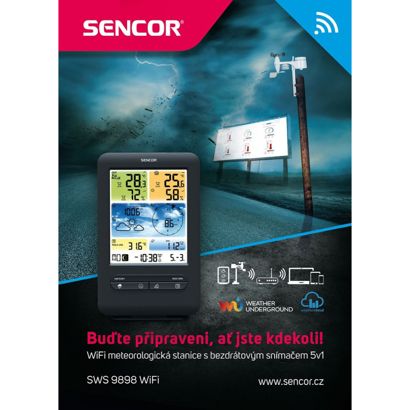 Sencor Метеостанція, внутр/зовн вимірювання, темп-ра, вологість, час, прогноз погоди, атмосферний тиск, шв. вітру, чорний (SWS9898WIFI)