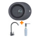 Adamant Kitchen set Ovum, artificial stone, oval, with drainboard, 615х495х200mm, bowl - 1, over-mounted, grey + mixer and dispenser (1824296900404)