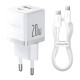 Зарядное устройство Baseus 1xUSB-C 20W + 1xUSB white + cable USB-C to USB-C 60W 1.0m (P10111608213-01)
