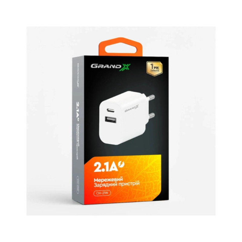 Зарядное устройство Grand-X 1xUSB-C + 1xUSB 21W OCP white (CH-21W)