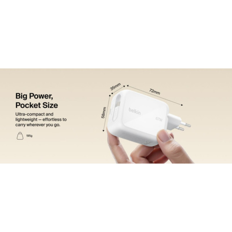 Зарядное устройство Belkin 2xUSB-C 67W GaN PD3.2 PPS + built-in cable USB-C 1.0m white (WCH022KQWH)