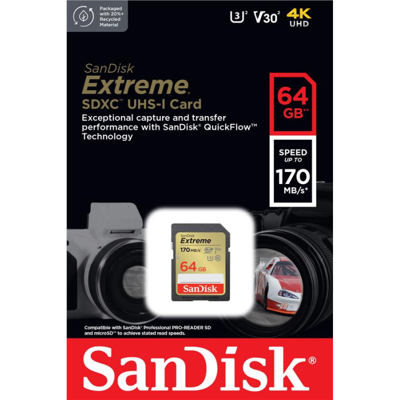 SanDisk Карта памяти SD 64GB C10 UHS-I U3 R170/W80MB/s Extreme V30 (SDSDXV2-064G-GNCIN)
