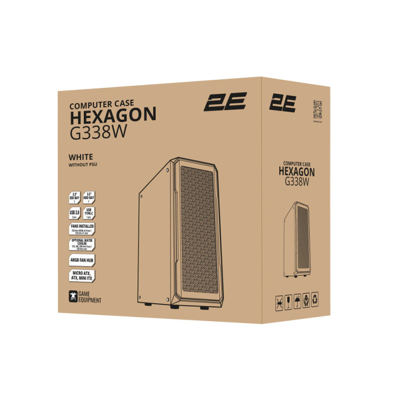 2E Gaming PC case Hexagon G338W without PSU, 2xUSB3.0, 1xUSBType-C, 3x120mm ARGB, 1x120mm, VGA 330mm, LCS ready, HUB, TG Side Panel, ATX, white (2E-G338W)