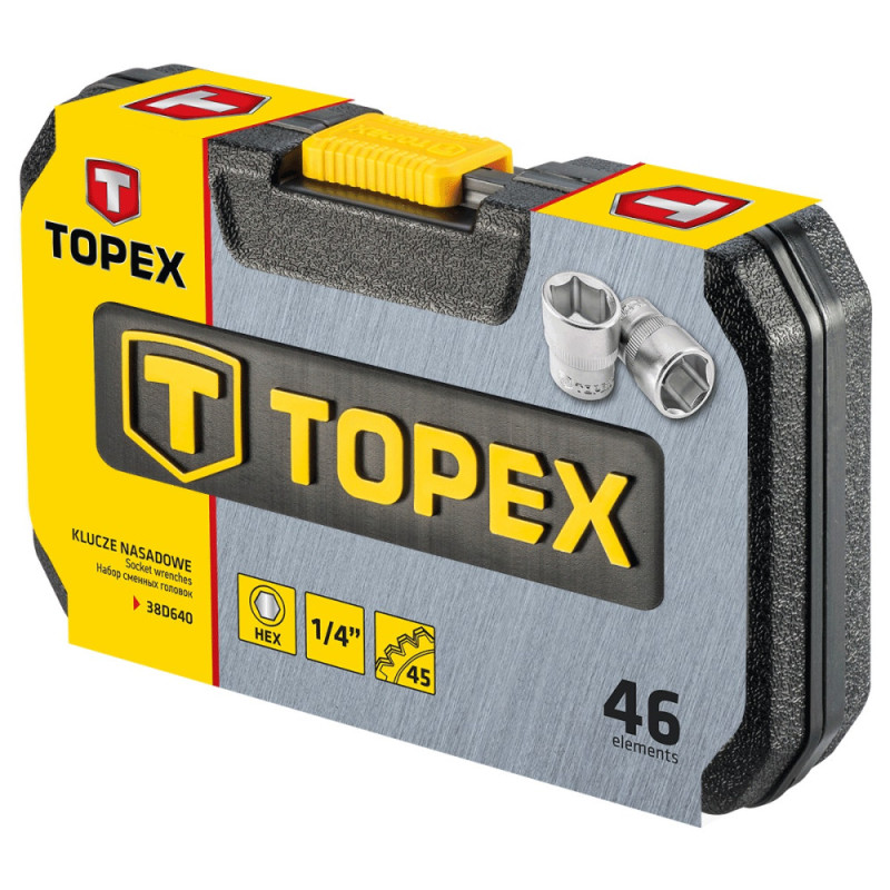 Topex Набір інструменту, Набір торцевих головок, 46 од., 1/4", кейс (38D640)