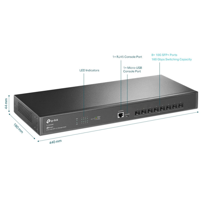 TP-Link Комутатор TL-SX3008F 8xSFP+ (10GE) 1xRJ45 console+microUSB L2 JetStream 19" 1U