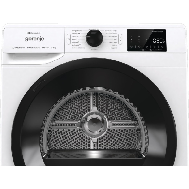 Gorenje Сушильна машина тепловий насос, 9кг, A++, 60см, дисплей, 16 програм, Wi-Fi, білий (DPNE92GNLWIFI)