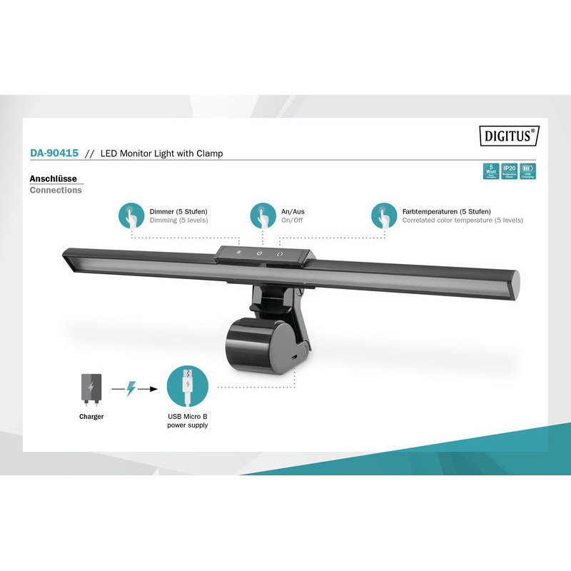 Digitus LED Monitor Bar Light 5W, 250lm, clamp, black (DA-90415)