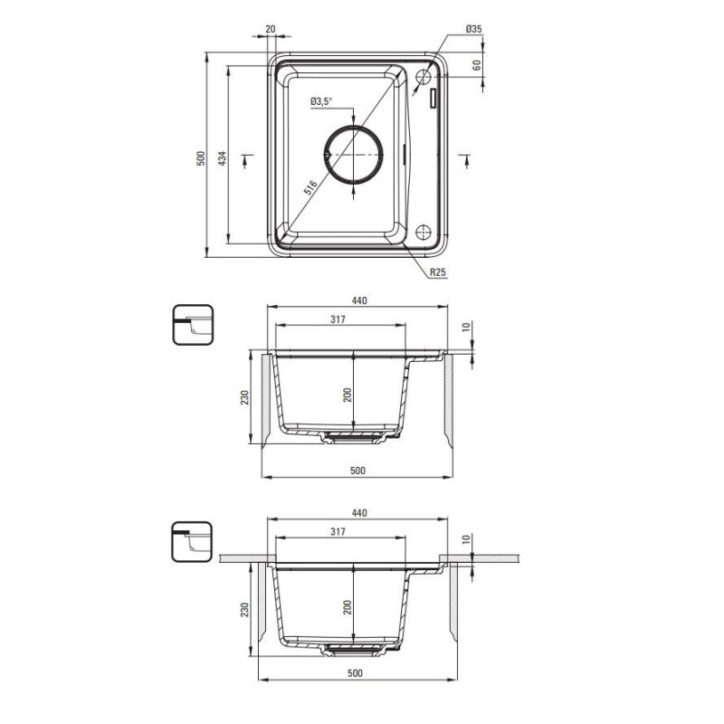 Deante Kitchen Sink granite, square, no drainboard, 500х440х230mm, bowl - 1, over-mounted, alebaster + kitchen board (ZKM_A103)
