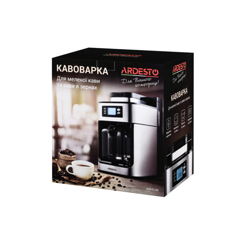ARDESTO Coffe maker drip Steel Collection YCM-D1200, 1.2L, ground+beans, display, silver-black