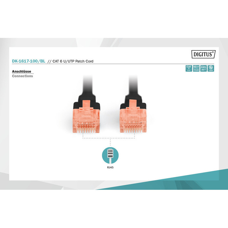 Digitus Патч-корд CAT 6 UTP, 10м, AWG 26/7, Cu, LSZH, чорний (DK-1617-100/BL)