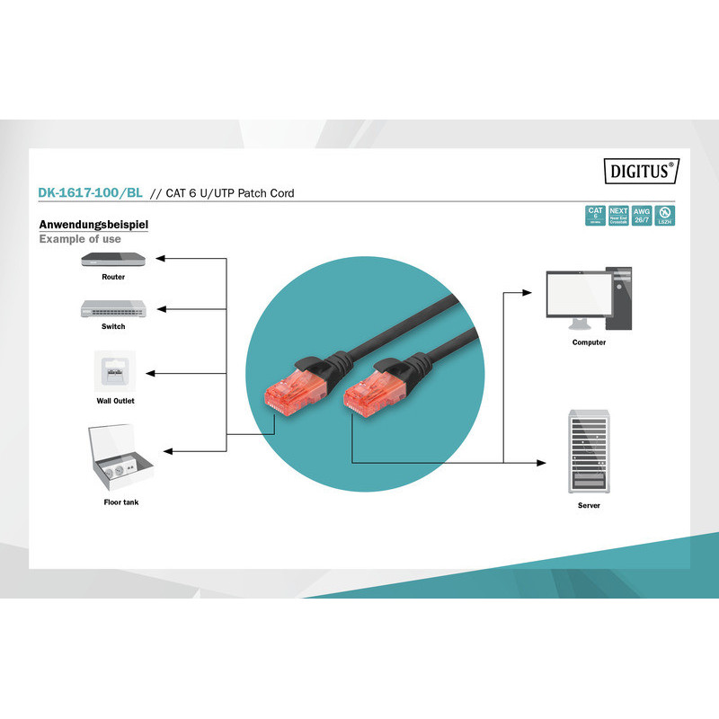 Digitus Патч-корд CAT 6 UTP, 10м, AWG 26/7, Cu, LSZH, чорний (DK-1617-100/BL)
