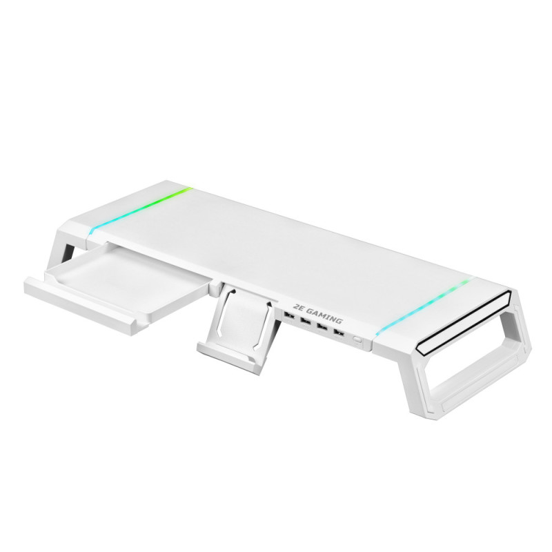 2E Gaming Подставка для монитора CPG-007, 550x205x7мм, phone holder/storage drawer, 4xUSB-A, RGB, белый (2E-CPG-007-WT)
