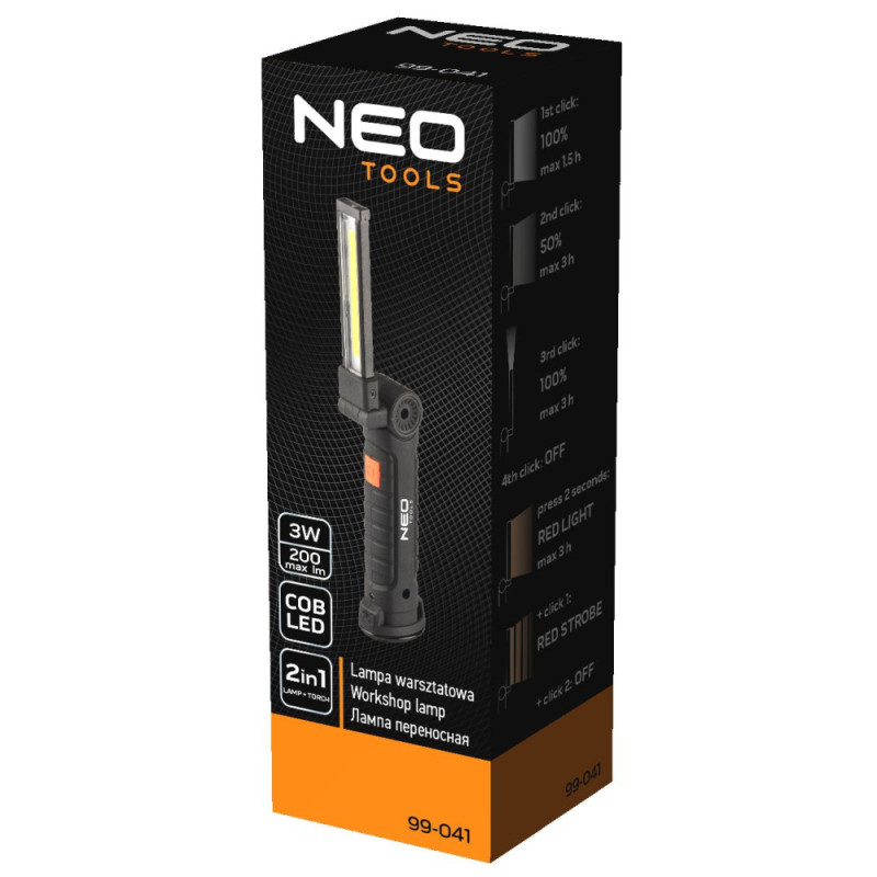 Neo Tools Ліхтар інспекційний акумуляторний, 1200мА•год, 200лм, 3Вт, 2в1, лампа+ліхтар, складається, 5 функцій освітлення, червоне світло, IP20 (99-041)