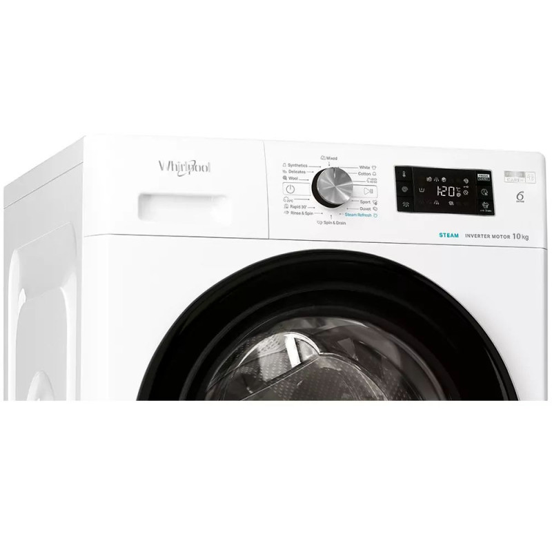 Whirlpool WM front load, 10kg, 1400, A+++, 60cm, display, steam, invertor, black door, white (FFB10469BVUA)
