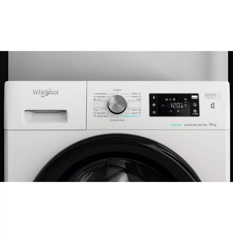 Whirlpool WM front load, 10kg, 1400, A+++, 60cm, display, steam, invertor, black door, white (FFB10469BVUA)
