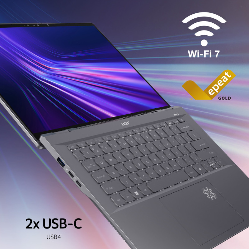 Acer Ноутбук Swift 14 AI SF14-11 14.5" WQXGA IPS, Quallcomm X1P-64-100, 16GB, F1TB, UMA, Win11, сірий (NX.KZXEU.001)