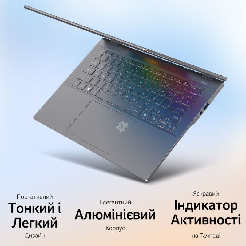 Acer Ноутбук Swift 14 AI SF14-11 14.5" WQXGA IPS, Quallcomm X1P-64-100, 16GB, F1TB, UMA, Win11, сірий (NX.KZXEU.001)