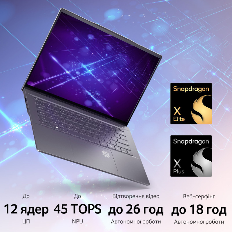 Acer Ноутбук Swift 14 AI SF14-11 14.5" WQXGA IPS, Quallcomm X1P-64-100, 16GB, F1TB, UMA, Win11, сірий (NX.KZXEU.001)