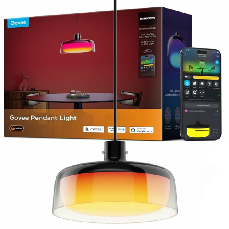 Govee Лампа H60C1 Pendant Light, RGBWW, 2700 K – 6500 K, 1300 Lum, WI-FI/Bluetooth, чорна (H60C13F1)