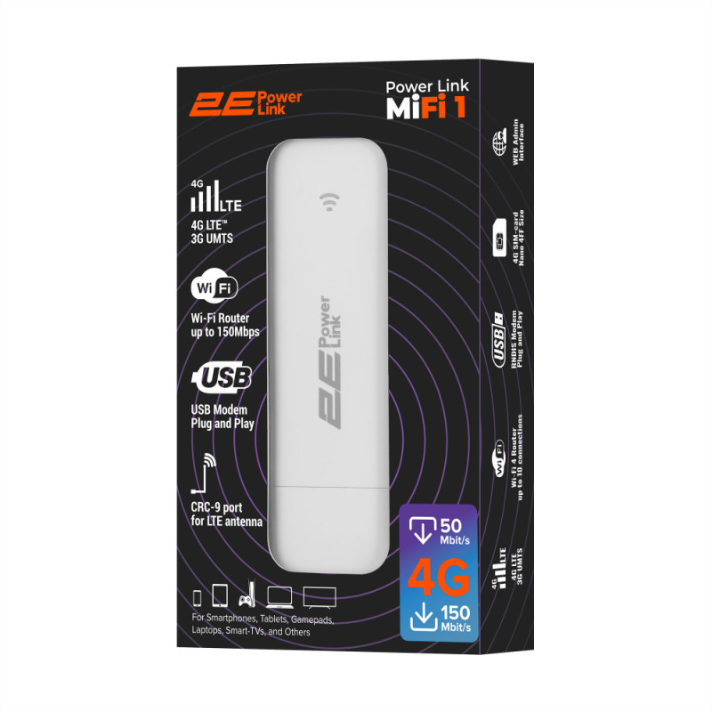 2E Мобильный маршрутизатор  PowerLink (MiFi-1 2024) LTE, Wi-Fi4, 1xUSB, 1xCRC9 белый (694743655322)