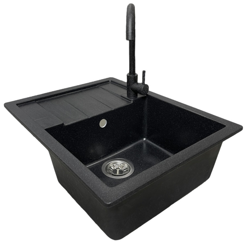 Adamant Kitchen sink Anila, artificial stone, rectang., with drainboard, 645х495х200mm, bowl - 1, over-mounted, black (100001385)
