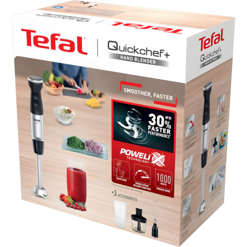 Tefal submersible blender Quickchef+ 1000W, 3in1, bowl-800ml, chopper-500ml, silver-black (HB673830)