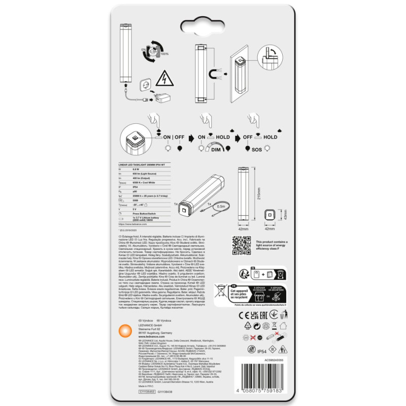 LEDVANCE Night lamp LINEAR TASKLIGHT rechargeable 6.9W 400Lm 6500K 20cm IP54 white (4058075759183)