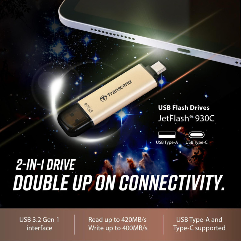 Transcend Накопичувач Transcend 512GB USB 3.2 Type-A + Type-C JetFlash 930 R420/W400MB/s Чорний (TS512GJF930C) Transcend Накопичувач Transcend 512GB USB 3.2 Type-A + Type-C JetFlash 930 R420/W400MB/s Чорний (TS512GJF930C)