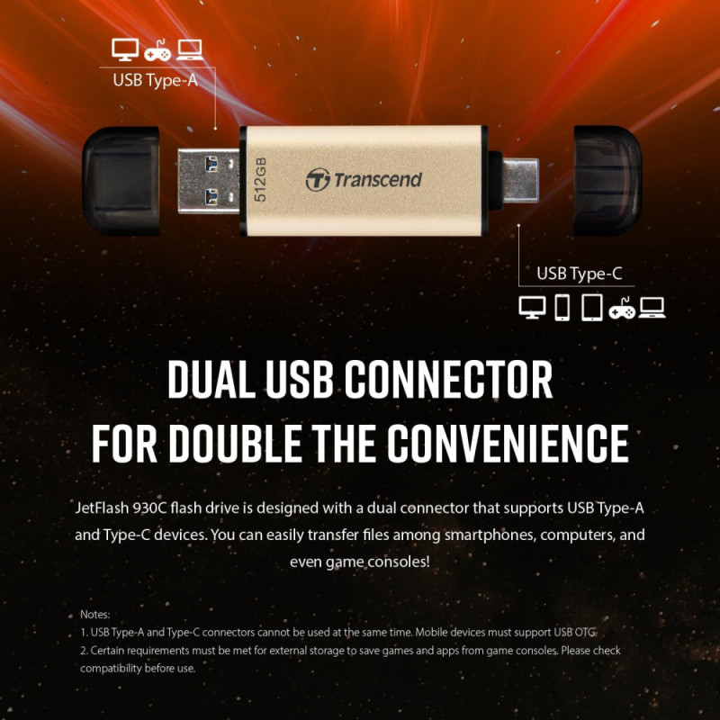 Transcend Накопичувач Transcend 512GB USB 3.2 Type-A + Type-C JetFlash 930 R420/W400MB/s Чорний (TS512GJF930C) Transcend Накопичувач Transcend 512GB USB 3.2 Type-A + Type-C JetFlash 930 R420/W400MB/s Чорний (TS512GJF930C)