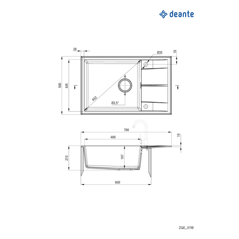 Deante Kitchen Sink granite, rectang., with drainboard, 780х500х210mm, bowl - 1, over-mounted, anthracite (ZQE_T11B)