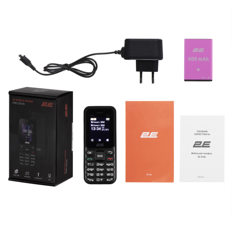 2E Мобильный телефон S180 2024 1.77" 2SIM, 600мА•ч, черный (694743653885)