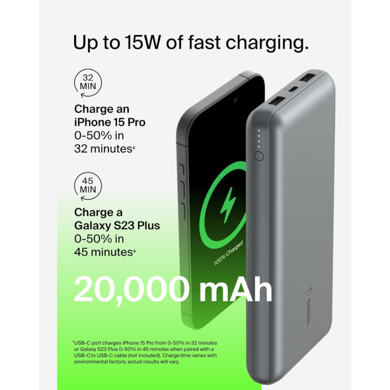 Belkin Power Bank 20000mAh, 15W, 2xUSB-A/USB-C, gray (BPB012BTGY)